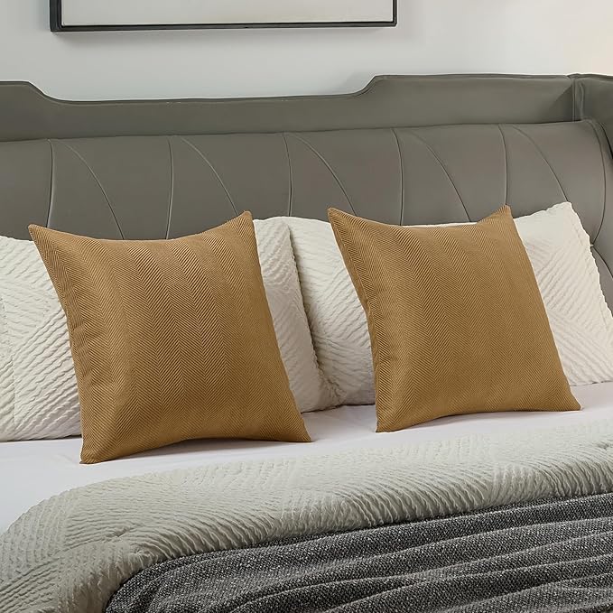FUTEI Camel Chenille Throw Pillow Covers 16x16 Inch Set of 2,Soft Wide Chevron Textured Cushion Case,Farmhouse Home Decor for Couch Bed Living Room