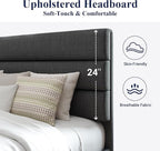 Allewie Queen Size Platform Bed Frame with Fabric Upholstered Headboard and Wooden Slats Support, Fully Upholstered Mattress Foundation/No Box Spring Needed/Easy Assembly, Dark Grey