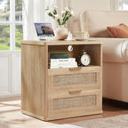 LEYAOYAO Rattan Nightstands Set of 2 with Charger Station, 23" Wide Boho Night Stand with 2 Drawers, Natural Wood Bedside Table Open Shlef, Bed Side End Table Dresser for Bedroom, Living Room Hallway