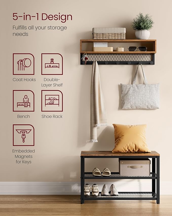 VASAGLE Coat Rack Shoe Bench Set, Hall Tree with Bench, Entryway Furniture, Multifunctional, Dot Coat Hooks, 2-Tier Shoe Rack, Industrial Style, for Entryway, Hallway, Rustic Brown ULCR073K01