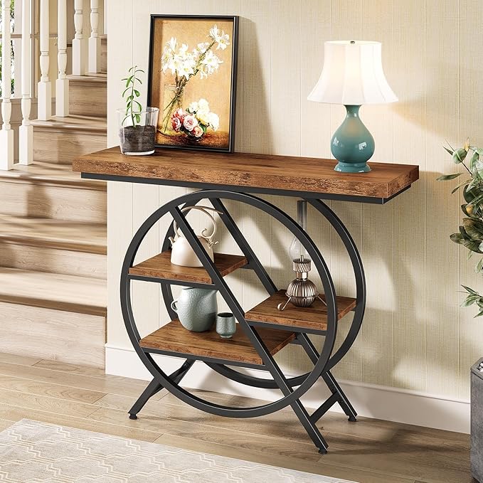 LITTLE TREE Console Table for Entryway, 39.37" Sofa Table Behind Couch, Wooden Industrial 4-Tier Narrow Accent Table with Metal Frame for Entrance, Living Room, Hallway, Foyer