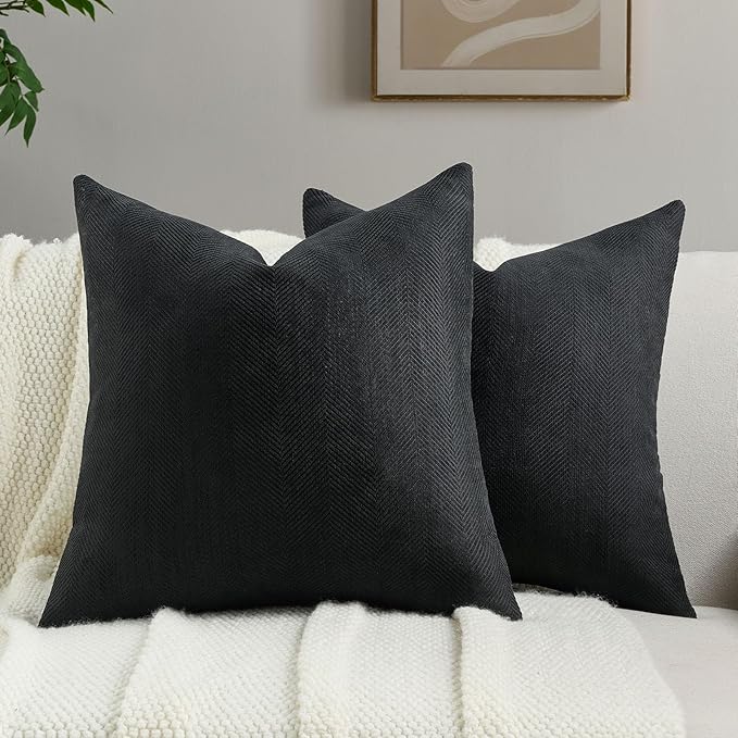 FUTEI Black Chenille Throw Pillow Covers 26x26 Inch Set of 2,Soft Wide Chevron Textured Euro Pillow Shams,Farmhouse Home Decor for Couch Bed Living Room