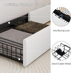 Full Size Upholstered Platform Bed Frame with 4 Storage Drawers and Charging Station, Linen Button Tufted Wingback Headboard, Sturdy Wooden Support Slats, No Box Spring Needed, White