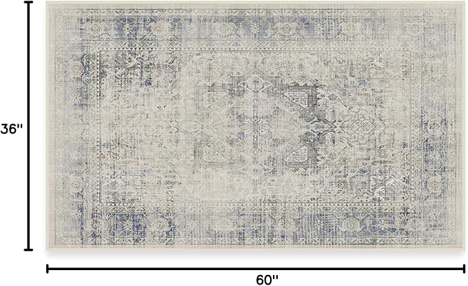 RUGGABLE Washable Vintage Area Rug – Kamran Blue Quartz 3x5, Stain-Resistant, Non-Slip – Small Machine Washable Rugs for Living Room, Bedroom, Hallway, Entryway & Office–with Cushioned Pad
