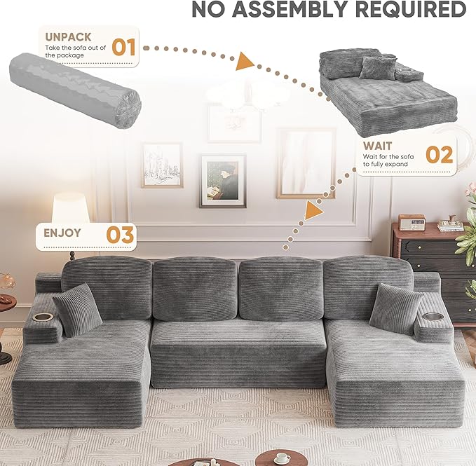 Homall 142" Boneless Couch, Modular Sectional Sofa, No Assembly Required, Memory Foam Filling, Corduroy U-Shaped Sofa, Movable Multi-Person Couch for Living Room (Grey)