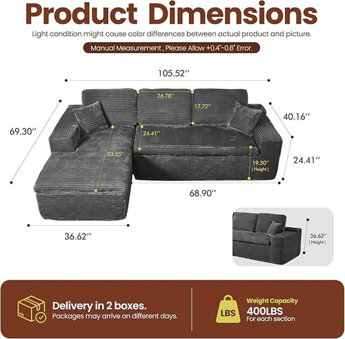 106" Oversized Couch Sofa, L Shape Couches for Living Room, No Assembly Required Corduroy Sectional Sofas with Left Facing Chaise for Home Apartment