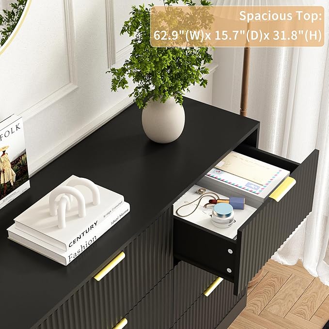 9 Drawer Dresser for Bedroom with Deep Drawers, 63" Wide Wood Dresser, Large Floor Chest of Drawers, Modern Long TV Stand, Storage Cabinet Side Table, Black