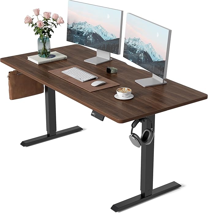 CubiCubi Height Adjustable Electric Standing Desk, 63 x 28 Inches Sit Stand up Desk, Large Memory Computer Home Office Desk with Two-Piece Desktop (Black Walnut)