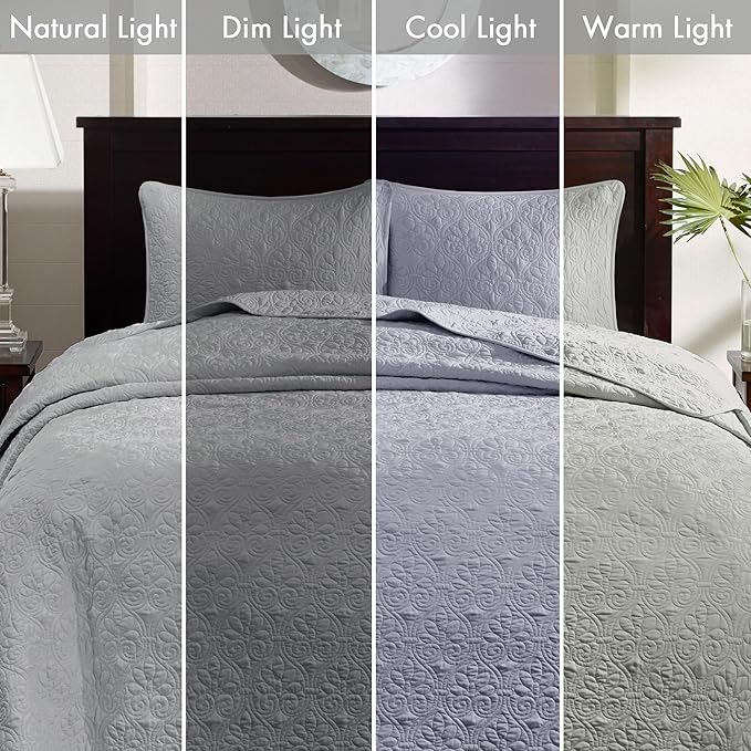 Madison Park Quebec King Size Quilt Bedding Set - Grey , Damask – 3 Piece Bedding Quilt Coverlets – Ultra Soft Microfiber Bed Quilts Quilted Coverlet