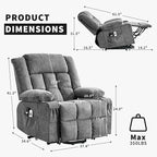 Large Power Lift Recliner Chair for Elderly Wide Electric Lift Chair with Massage and Heat for Big and Tall Adults Reclining Sofa Chair with Remote Control, Cup Holders, Side Pockets, USB Port, Gray
