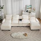 125'' U Shaped Cloud Modular Sectional Sofa with Chaise Lounges, Chenille Upholstered Comfy Couch with Storage Console, USB Charging Ports & Cup Holders, Small Deep Seat Sofa for Living Room, Beige