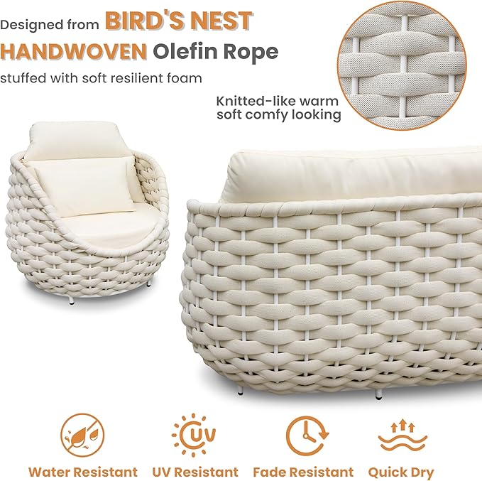 Woven Rope Outdoor Sofa Set: 4 Pieces Aluminum Patio Conversation Set Assembled - All Weather Cushioned Porch Furniture Couch - Modern Metal Lounge Set for Deck Yard Resort Hotel Sunroom, Beige