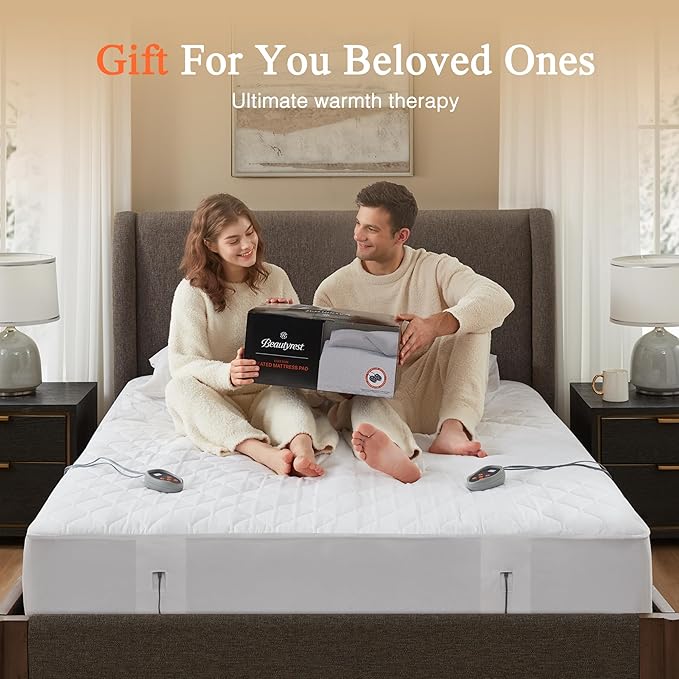 Beautyrest Cotton Heated Mattress Pad - Bed Warmer with 20 Heat Settings Controller, Auto Shut Off Timer, All Around Elastic Deep Pocket, UL Certified, Machine Washable, White Full