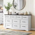 White Dresser for Bedroom, Farmhouse 10 Chest of Drawers, 59" Wide Chest of Drawers with Brushed Metal Handle, Wood Closet Organizers and Storage Cabinet for Bedroom, Living Room, Hallway