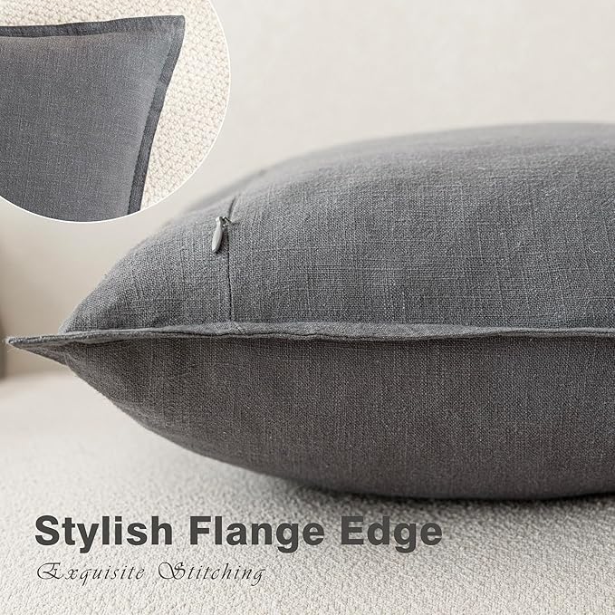 Foindtower Pack of 2, Decorative Linen Soild Throw Pillow Covers Soft Accent Square Cushion Case Boho Farmhouse Pillowcase for Chair Couch Sofa Bedroom Living Room Home Decor 24 x 24 Inch Grey