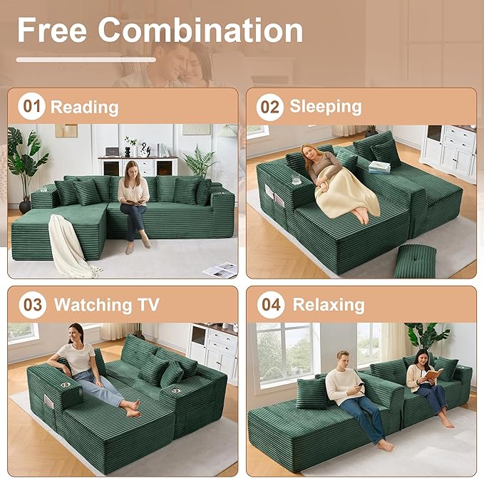 Modular Sectional Sofa, L Shaped Comfy Cloud Couch with Deep Seat, Boneless Couch for Living Room, Modern Sectional Sleeper with Chaise, No Assembly Required, Sofa in A Box, Green Corduroy