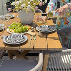 PURPLE LEAF Outdoor Dining Set for 8 All-Weather Aluminum 9 Piece Furniture Sets with Woodgrain Large Square Table and Rope Weave Chairs Included Cushions for Backyard Indoor Patio Set Teak Color