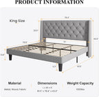 SHA CERLIN King Size Upholstered Platform Bed Frame with Wingback Headboard, Tufted Linen Fabric, Wooden Slats Support, Easy Assembly, Light Grey