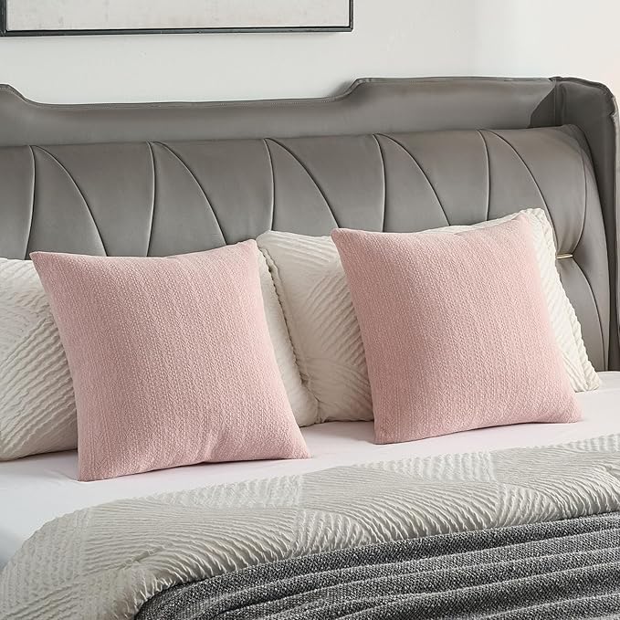 FUTEI Pink Chenille Throw Pillow Covers 22x22 Inch Set of 2,Soft Striped & Diamond Textured Cushion Cases,Modern Home Decor for Couch Living Room