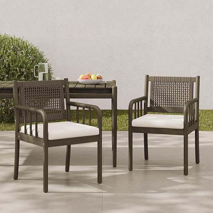 Christopher Knight Home Vera Outdoor Acacia Wood Dining Chairs, Rattan Woven Back Armchair, Armchair with Cushion Seat, Dining Chairs Set of 2, Patio Chair for Poolside Garden Balcony, Gray+Cream