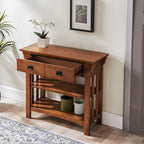 Leick Home Mission Impeccable Bookshelf, Solid Wood, 2 Drawers, 2 Shelves, Slatted Sides, Blackened Hardware, Easy Assembly, Russet Brown, 12 in D x 34 in W x 30 in H, Item 8261