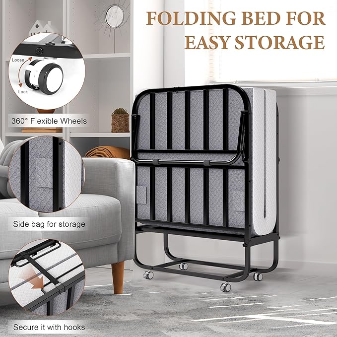 Folding Bed with Memory Foam Mattress, Portable Rollaway Guest Beds on Wheels, 75"x31" Twin Size Space-Saving Cot-Size Bed for Adults with Easy Assembly Metal Frame (Grey)