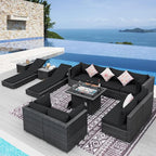 NICESOUL 13 Piece Outdoor Wicker Furniture with Firepit and Chaise Lounge, Big Heavy Weight Full Size Outdoor Set with Loungers, 10-Seats Patio Sectional Seating Group for Pool, Back Yard, Grey&Black