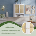 Bathroom Wall Cabinet, Bamboo Over-The-Toilet Storage Organizer with 2 Rattan Doors and Adjustable Shelf, Space Saver Medicine Cabinet for Laundry, Kitchen, Living Room (White)
