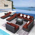 NICESOUL 13 Piece Outdoor Furniture with Fire Pit, Luxurious Wicker Patio Conversation Sets with Lounger, Sturdy 500 Lbs Heavy Duty 10-Person Deep Wide Outdoor Couch Set for Deck, Lawn, Grey&Burgundy