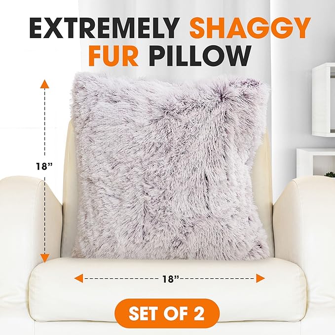 Cheer Collection Throw Pillows for Couch and Bed, Soft Shaggy Throw Pillows with Inserts Included, Cozy Long Hair Faux Fur Pillows - Set of 2-20" x 20" - Purple