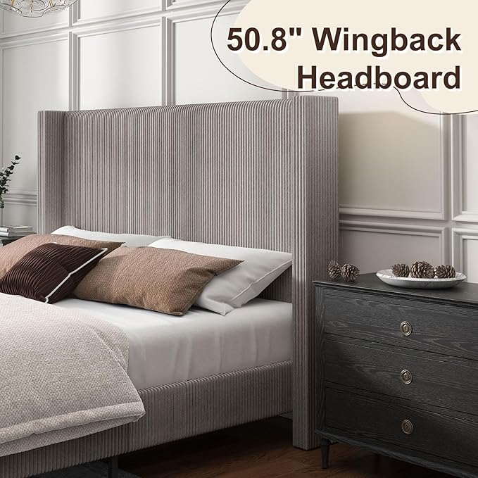 HOWE King Size Upholstered Platform Bed Frame, Wingback Bed with 50.8" Headboard, Corduroy/Solid Wood Leg/No Box Spring Needed/Noise Free/Taupe