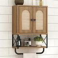 RUSTOWN Rattan Bathroom Wall Cabinet, Boho Over The Toilet Storage Cabinet with Arched Rattan Doors, Modern Medicine Cabinet with Adjustable Shelves & Towel Bar, Bathroom Organizer(Rustic Oak, Small)