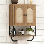 RUSTOWN Rattan Bathroom Wall Cabinet, Boho Over The Toilet Storage Cabinet with Arched Rattan Doors, Modern Medicine Cabinet with Adjustable Shelves & Towel Bar, Bathroom Organizer(Rustic Oak, Small)