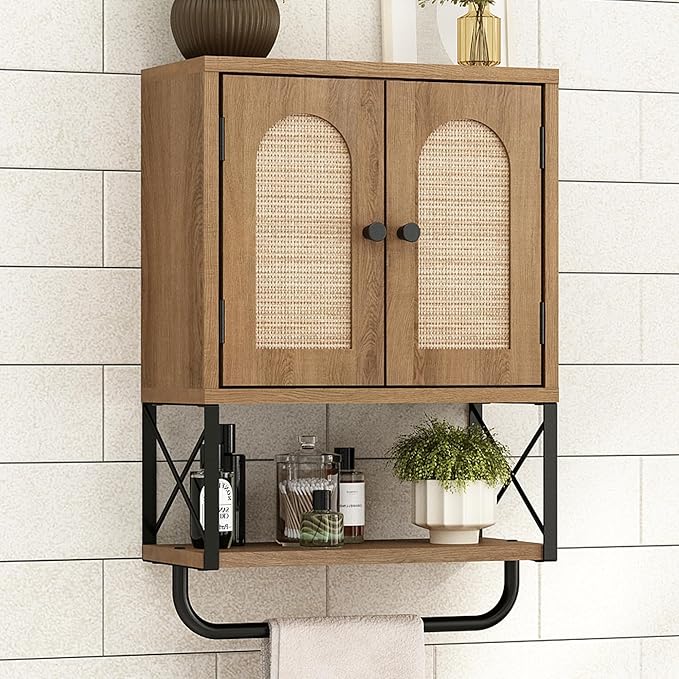 RUSTOWN Rattan Bathroom Wall Cabinet, Boho Over The Toilet Storage Cabinet with Arched Rattan Doors, Modern Medicine Cabinet with Adjustable Shelves & Towel Bar, Bathroom Organizer(Rustic Oak, Small)
