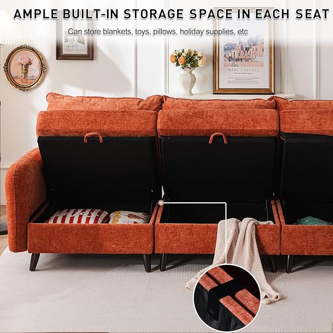 104'' Modular Sectional Sofa with All Seats Storage,Oversized 3-Seater Comfy Cloud Couches with Deep Seat,Big Couch for Living Room,Bedroom,Velet,Orange