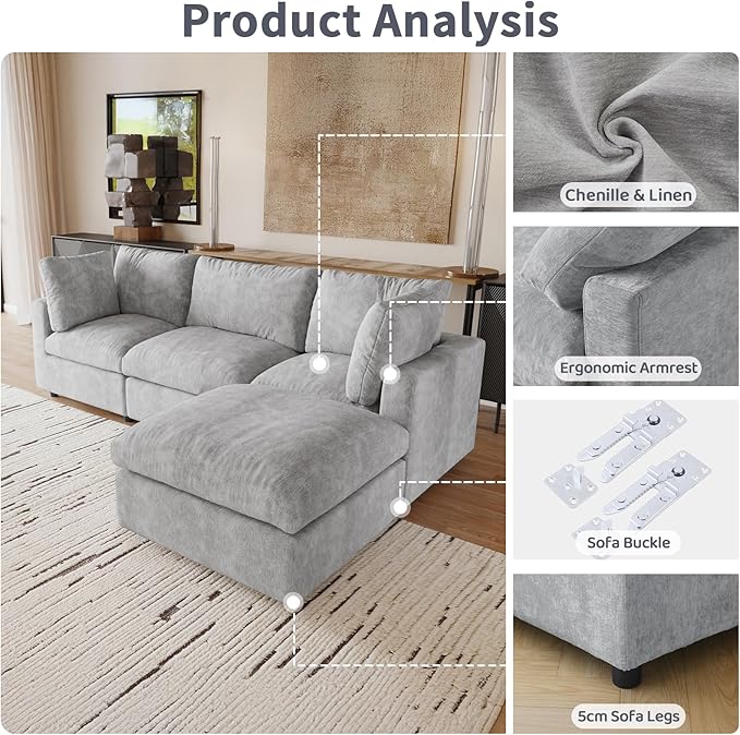 WJShome Cloud Couch Modular Sectional Sofa,100.5" V Shaped Couch, Convertible Wide Seater, 5 Seater for Living Room Set,Covers Washable&Replaceable,Gray