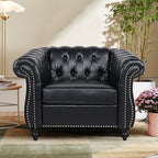 2 Piece Living Room Sofa Set, 3 Seater Faux Leather Sofa Couch and Chair Set, Mid Century Modern Upholstered Couch with Cushions, Vintage Comfy Tufted Chesterfield Couches for Bedroom, Office (Black)