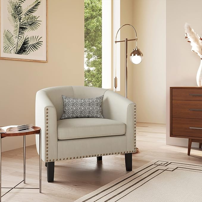 BELLEZE Accent Barrel Chair Set of 2, Modern Tub Club Chair Upholstered Armchair with Gold Nail Head Trim and Black Legs for Living Room Bedroom Apartment Lounge - Beige/Linen