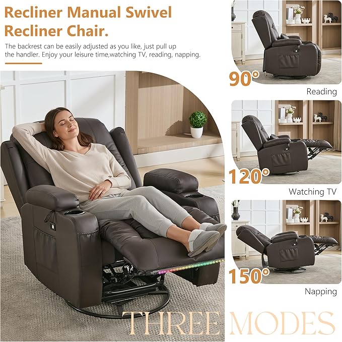 URRED Rocker Recliner Chair for Adults, 270° Swivel Glider Reclining Single Sofa with LED Ambient Light, Cup Holders and Side Pockets, Faux Leather Recliner for Living Room or Home Theater, Brown
