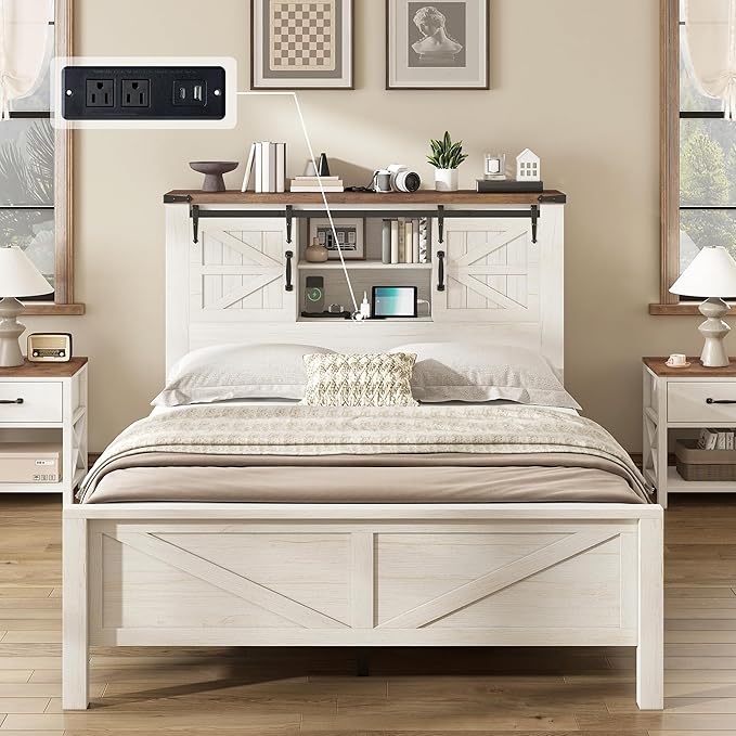 AMERLIFE Farmhouse Full Bed Frame, Rustic Wood Platform Bed Barn Door Storage Bookcase Headboard & Charging Station, Bedroom Furniture, No Box Spring Needed, Antique White
