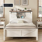 AMERLIFE Farmhouse Full Bed Frame, Rustic Wood Platform Bed Barn Door Storage Bookcase Headboard & Charging Station, Bedroom Furniture, No Box Spring Needed, Antique White