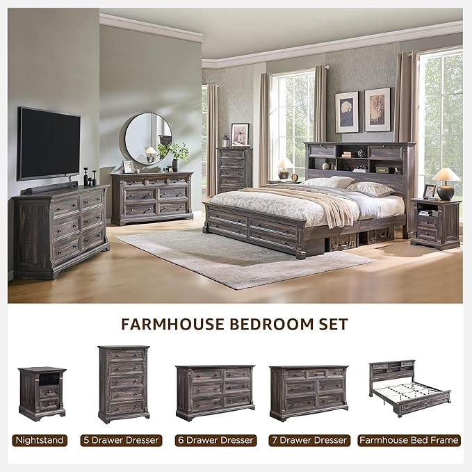T4TREAM Farmhouse 7 Drawers Dresser for Bedroom, 54" Wide Wood Rustic Chest of Drawers w/Roman Column, Wooden Storage Dressers Organizer for Bedroom, Living Room, Closet, Dark Rustic Oak