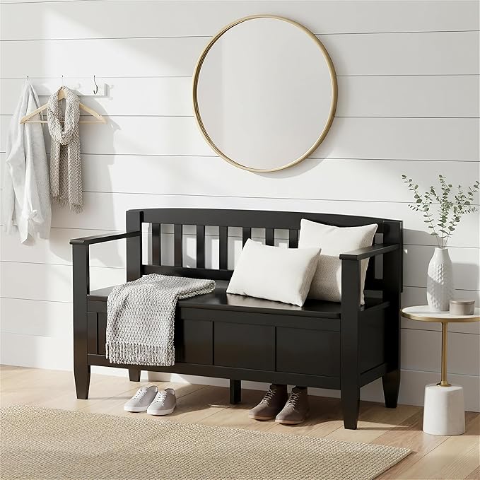 SIMPLIHOME Brooklyn Entryway Storage Bench - 48 inch Wide Solid Wood Hallway Bench in Deep Black, Transitional Foyer Bench for Entry or Mudroom with Lift-Up Lid, Spacious Storage and Durable Finish