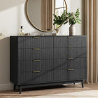 CARPETNAL Fluted 8 Drawer Dresser for Bedroom, 55" Wide Wooden Chest of Drawers with Rounded Corners, Gold Handles, Modern Storage Organizer for Bedroom, Hallway(Black)