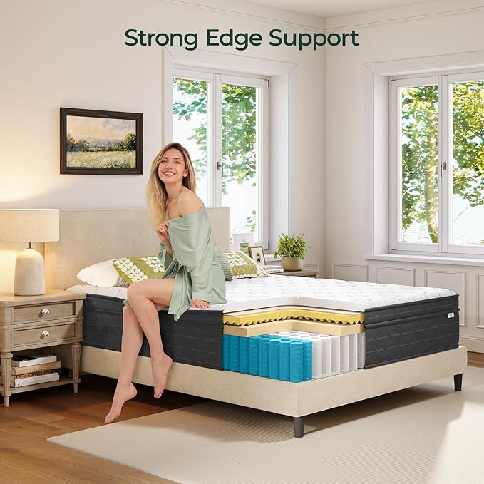 koorlian Queen Mattress 10 Inch - Cooling Hybrid Mattress in a Box for Back Pain Relief - Pocket Spring & Memory Foam | Fiberglass-Free, Medium Firm Feel, CertiPUR-US, 60"×80"×10"