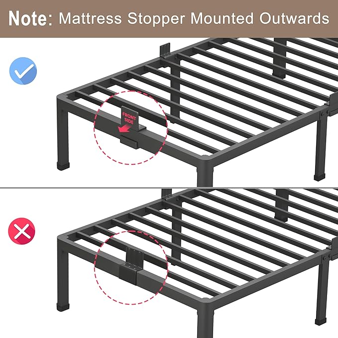 ROIL 14 inch Twin XL Bed Frames with Headboard Hole and Round Corner Legs Mattress Retainers 3500LBS Heavy Duty Steel Slats No Box Spring Needed Platform Noise-Free Underneath Storage