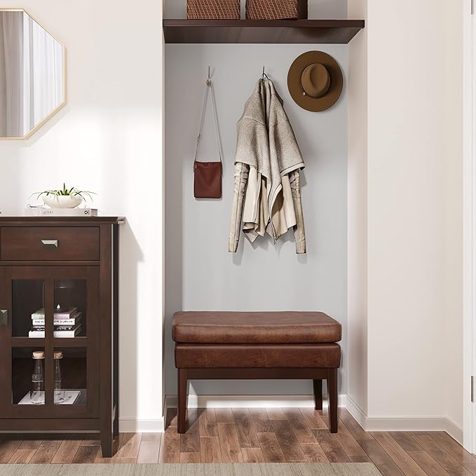 SIMPLIHOME Carlson 2-inch Wide Vegan Faux Leather Small Ottoman Bench in Distressed Black with Solid Wood Frame for Living Room, Entryway, or Bedroom