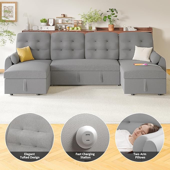 Ucloveria Sleeper Sofa Bed, 112" U Shaped Sectional Sofa Couches for Living Room, Pull Out Couch Bed with Dual Reversible Storage Chaise | Charging Station | Side Pockets | Removable Backrest