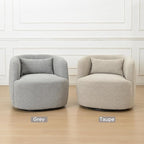 KINWELL 34" Wide Sherpa Swivel Barrel Chair, No Assembly Round Boucle Upholstered Accent Chair Armchair Single Sofa Chair with Toss Pillow for Living Room and Bedroom, Gray