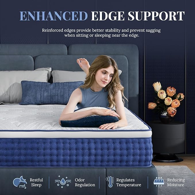Queen Mattress, 12 Inch Queen Size Hybrid Mattresses in a Box, Medium Feel Foam and Individual Pocket Springs, Fiberglass Free Bed Mattress, Extra Edge Support, Pressure Relief, CertiPUR-US, Blue